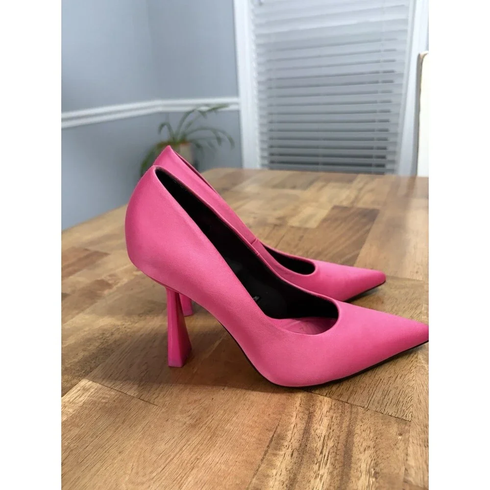 Zara Fuscia Hot  Pink Satin High Heels Pointed Toe Love Pumps Shoes Sz 37/US 6.5